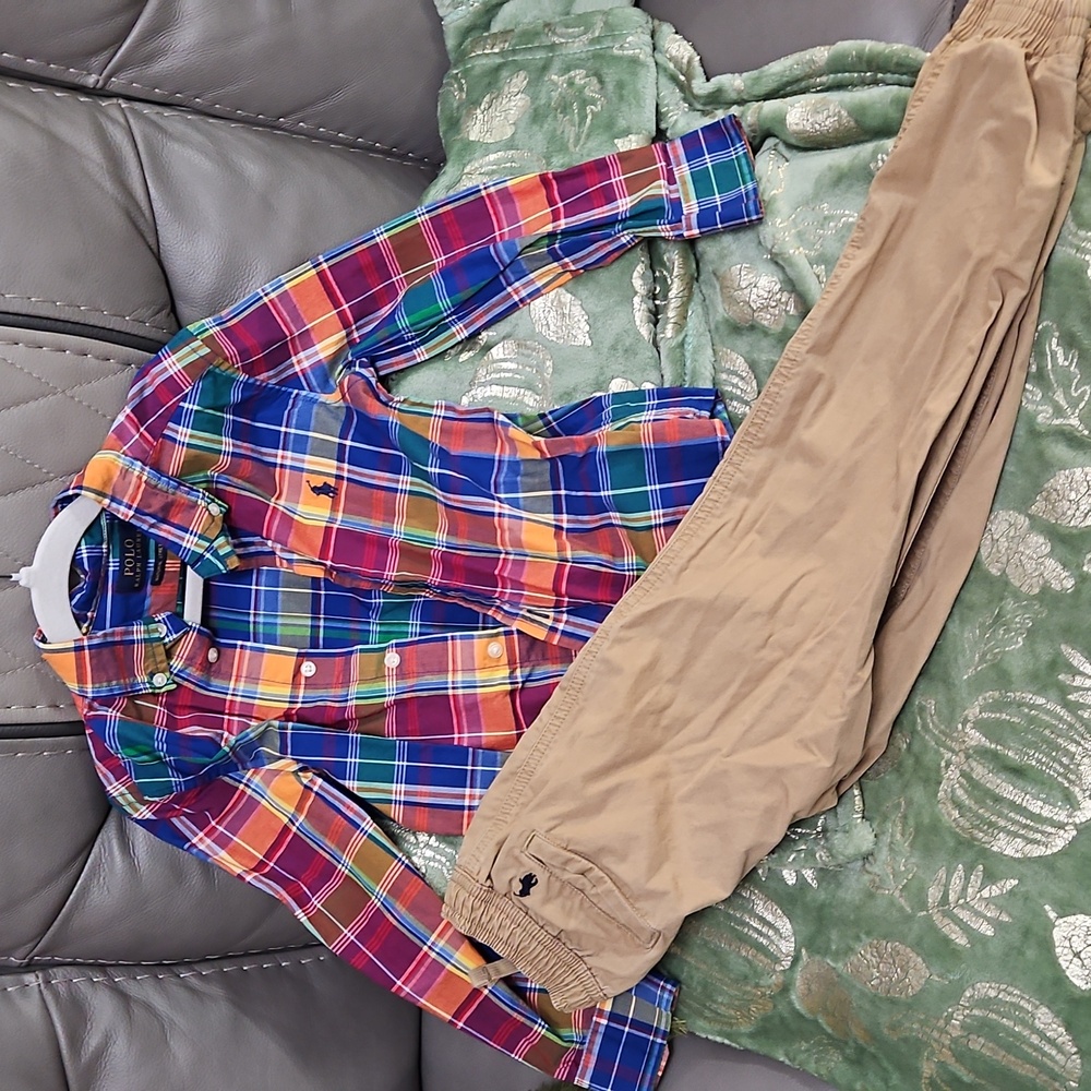 Polo by Ralph Lauren Multicolor Plaid Shirt and Tan Pants Set